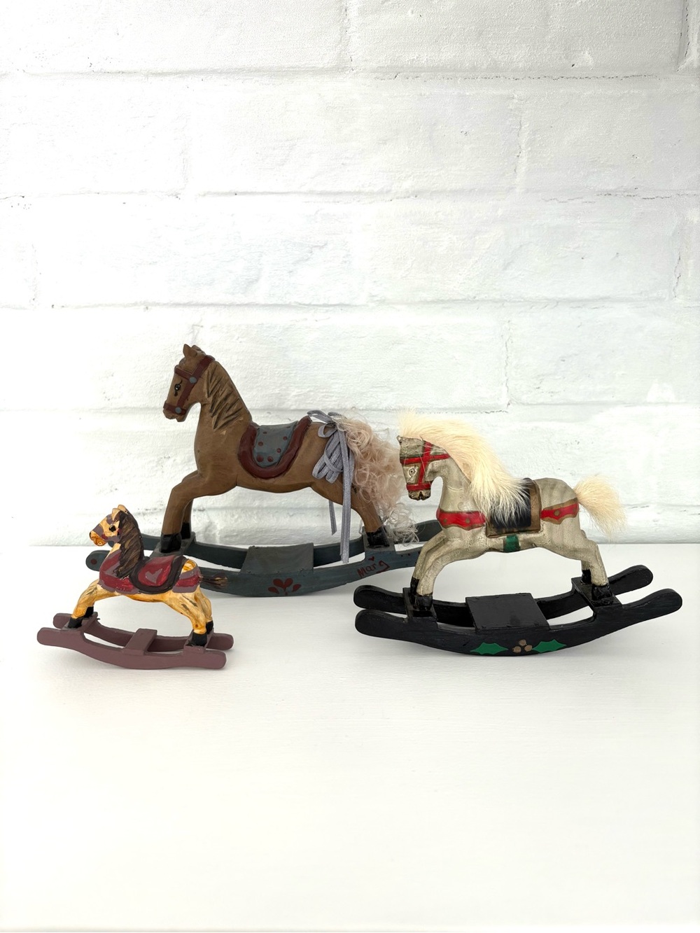Carved Wood Hand Painted Real Hair Small Rocking Horses Toy Lot Of 3